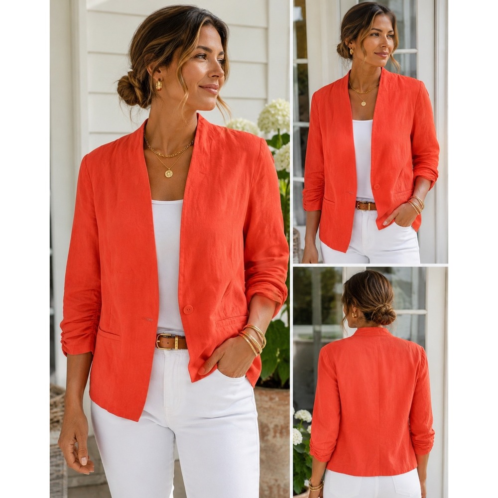 Darjoni Coral Linen Blend‎ Blazer Ruched Sleeve Resort Jacket 1X
